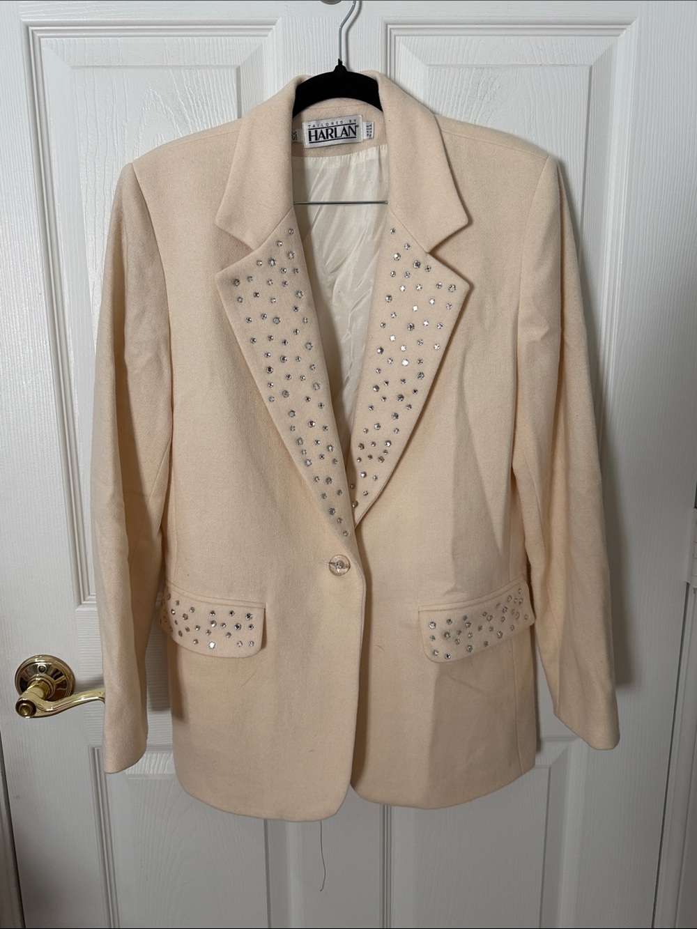 Vintage Cream Studded Women's Blazer Jacket wool tailored by Harlan oversized XS